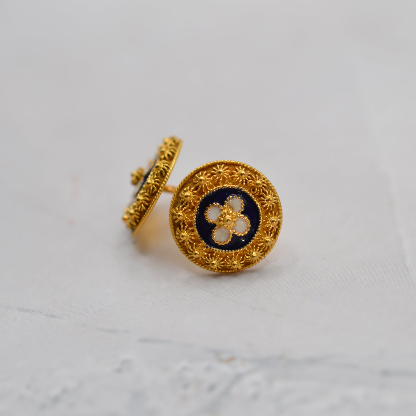 Vintage Portugese 19ct Gold  Enamel Floral Stud Earrings