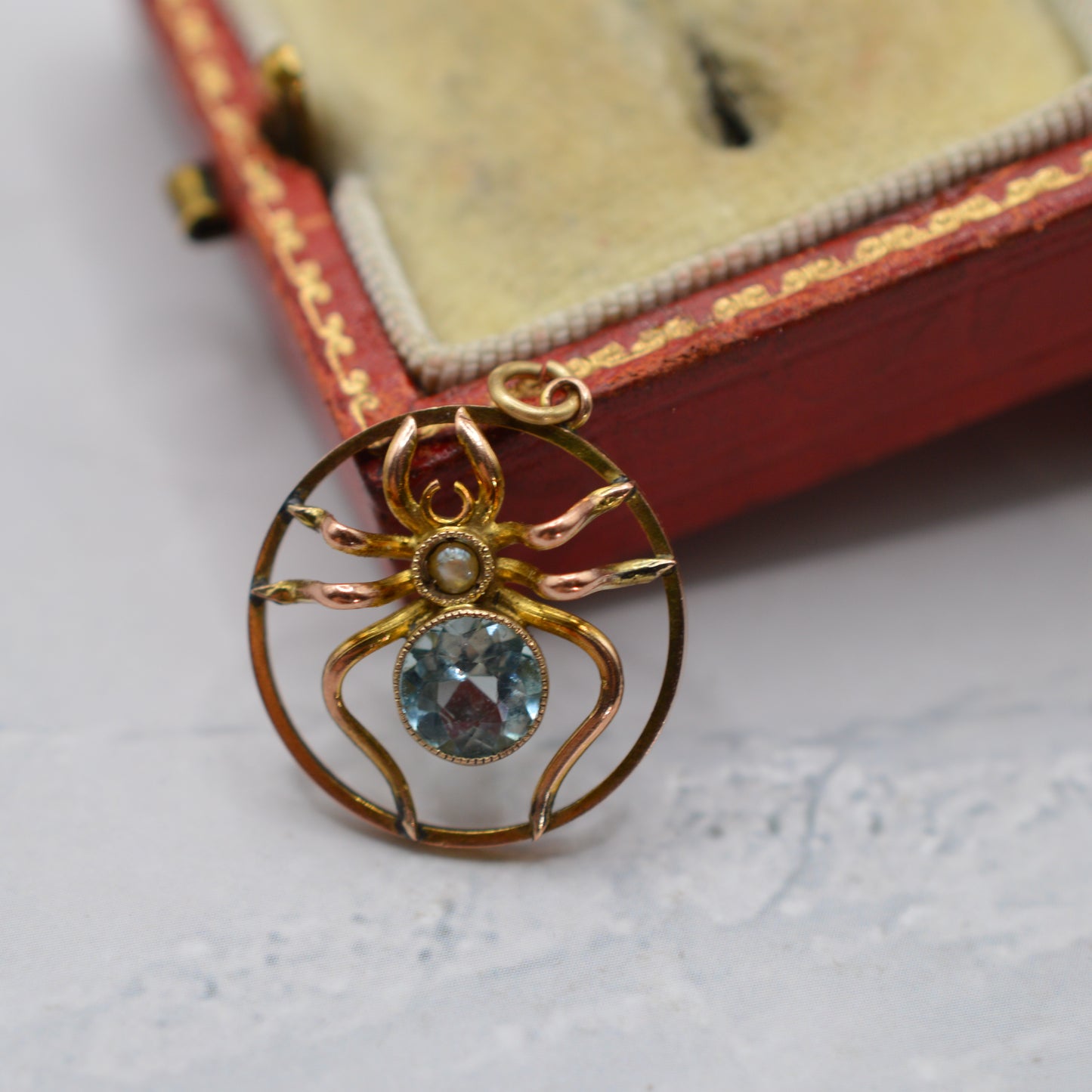 Antique Victorian 9ct Gold Aquamarine & Pearl Spider Pendant