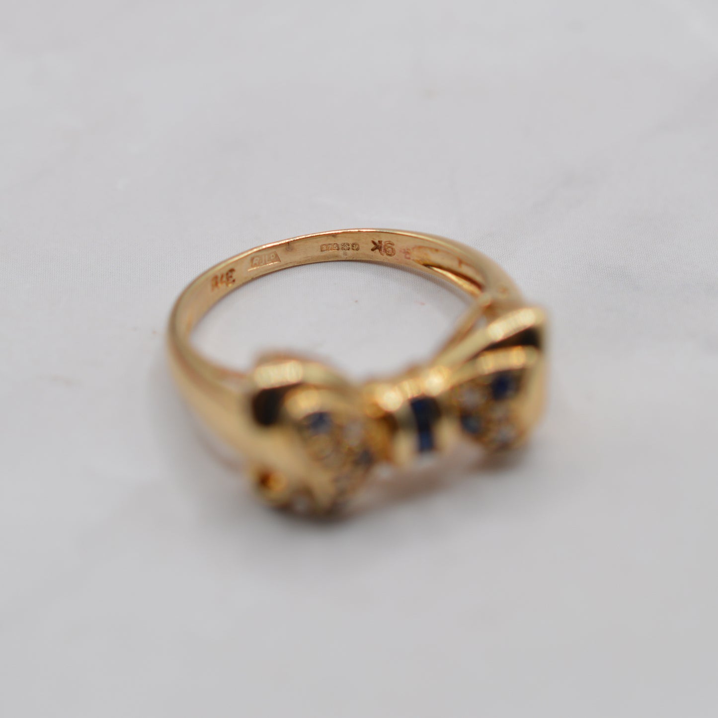 1990s Vintage 9ct Gold Sapphire & Diamond Bow Ring