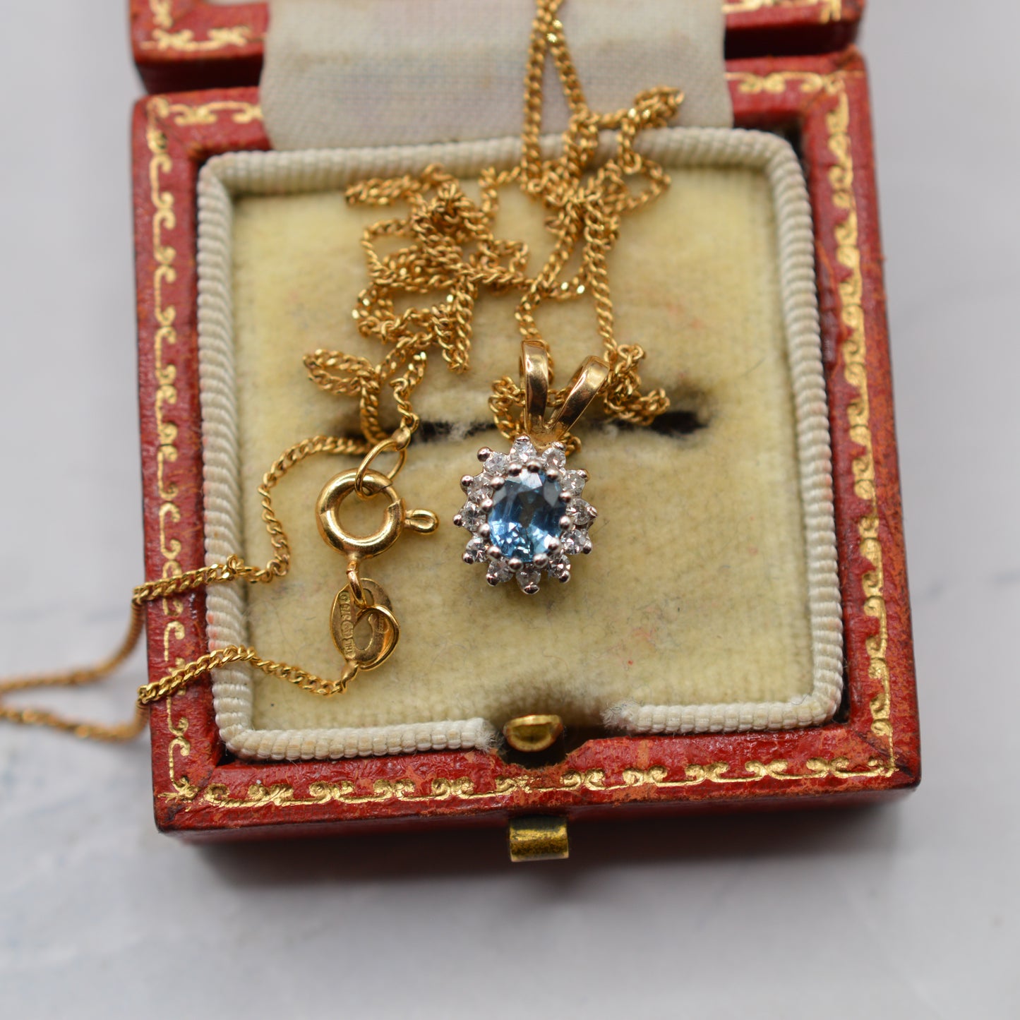 1990s 9ct Gold Sapphire & Diamond Cluster Pendant Necklace (16”)