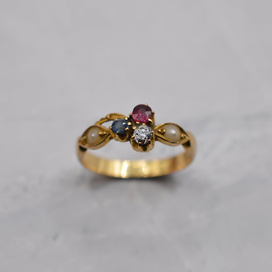 1876 Antique Victorian 18ct Gold Ruby, Sapphire, Diamond & Pearl Ring