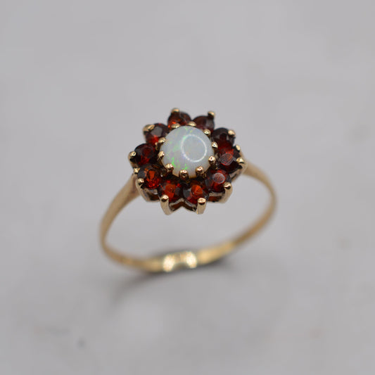 1980s 9ct Gold Opal & Garnet Cluster Ring