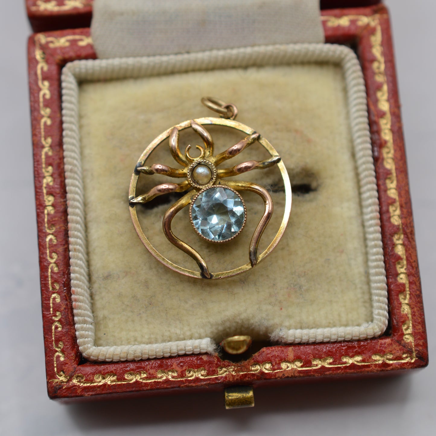 Antique Victorian 9ct Gold Aquamarine & Pearl Spider Pendant