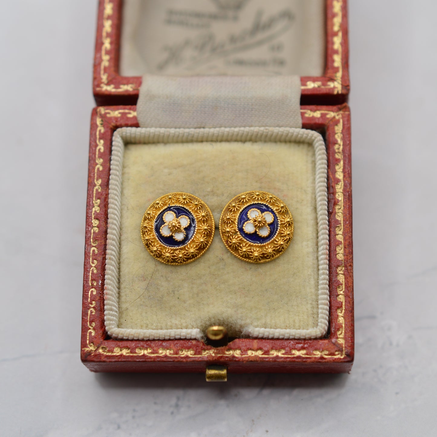 Vintage Portugese 19ct Gold  Enamel Floral Stud Earrings