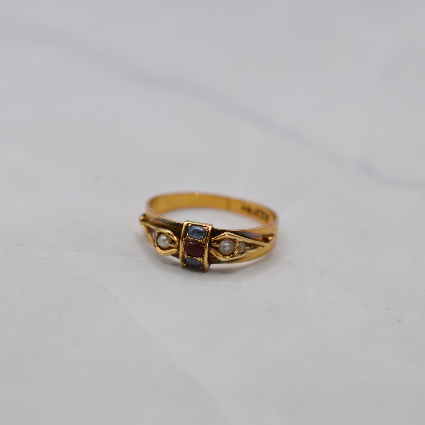 1876 Antique Victorian 15ct Sapphire, Garnet & Pearl Ring