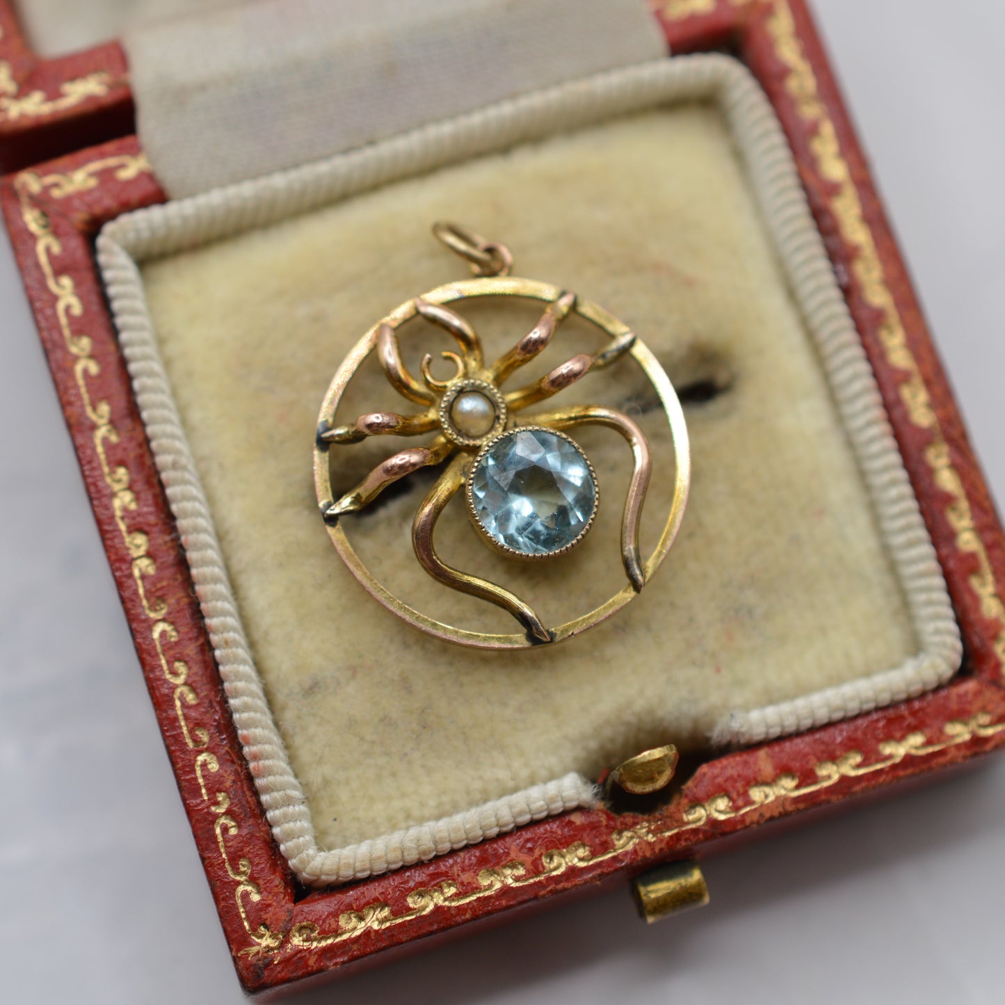 Antique Victorian 9ct Gold Aquamarine & Pearl Spider Pendant