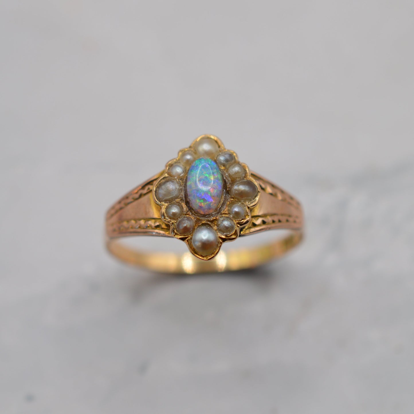 Antique Victorian 15ct Gold Opal & Pearl Cluster Ring
