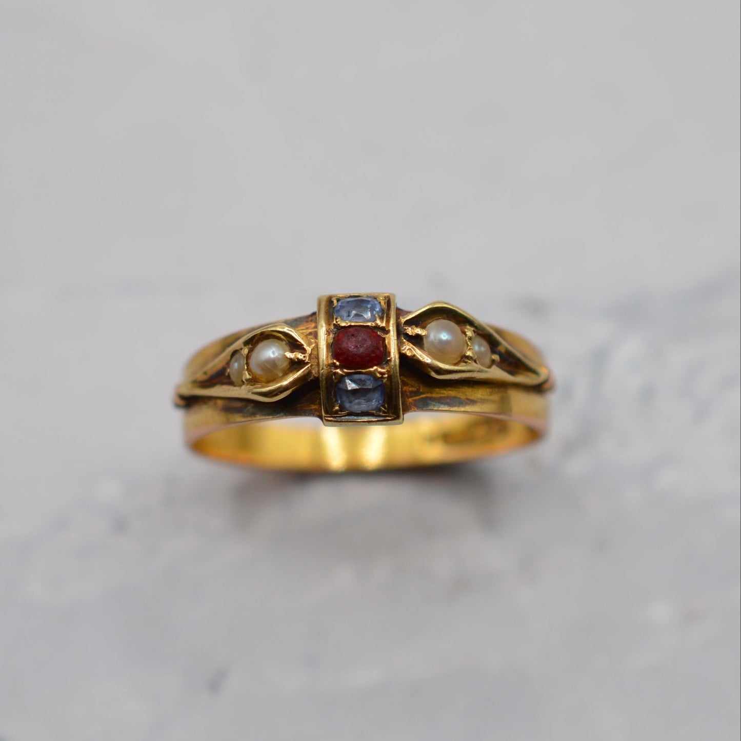 1876 Antique Victorian 15ct Sapphire, Garnet & Pearl Ring