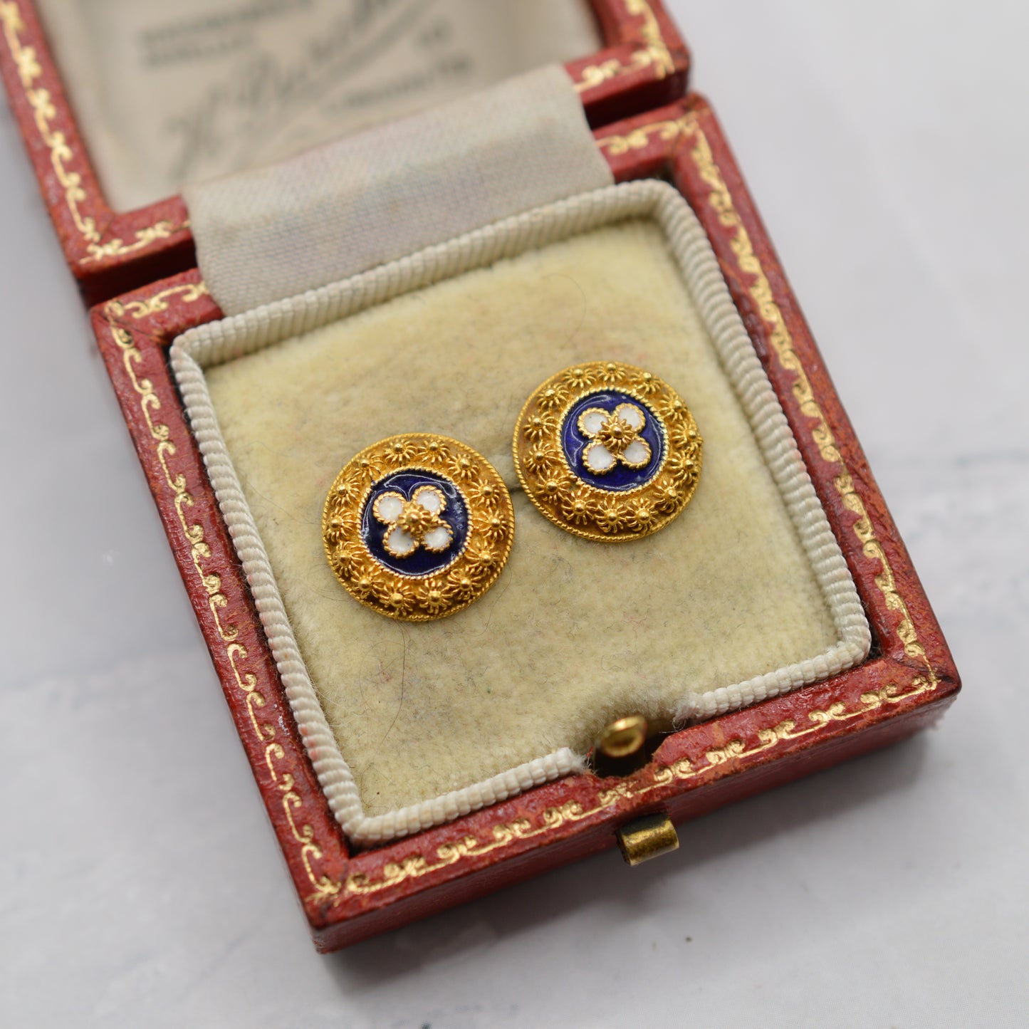 Vintage Portugese 19ct Gold  Enamel Floral Stud Earrings