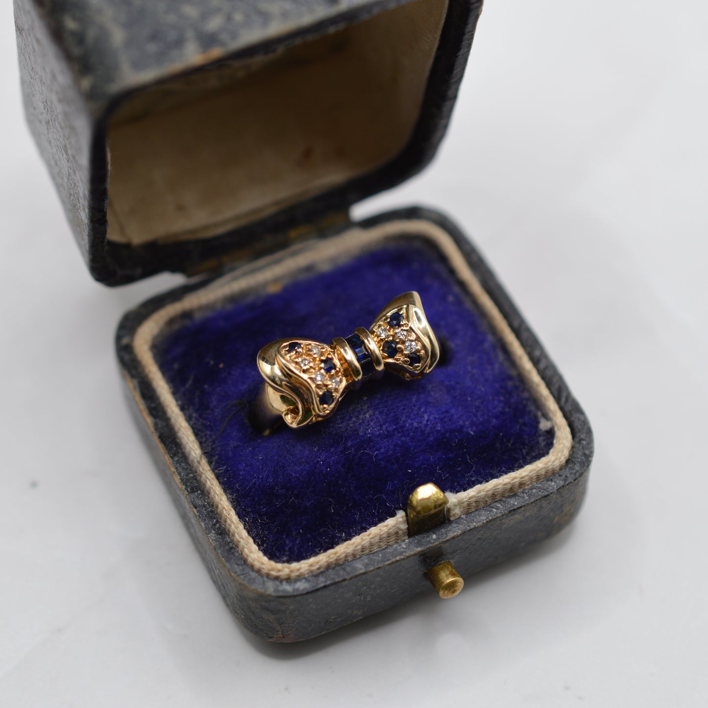 1990s Vintage 9ct Gold Sapphire & Diamond Bow Ring