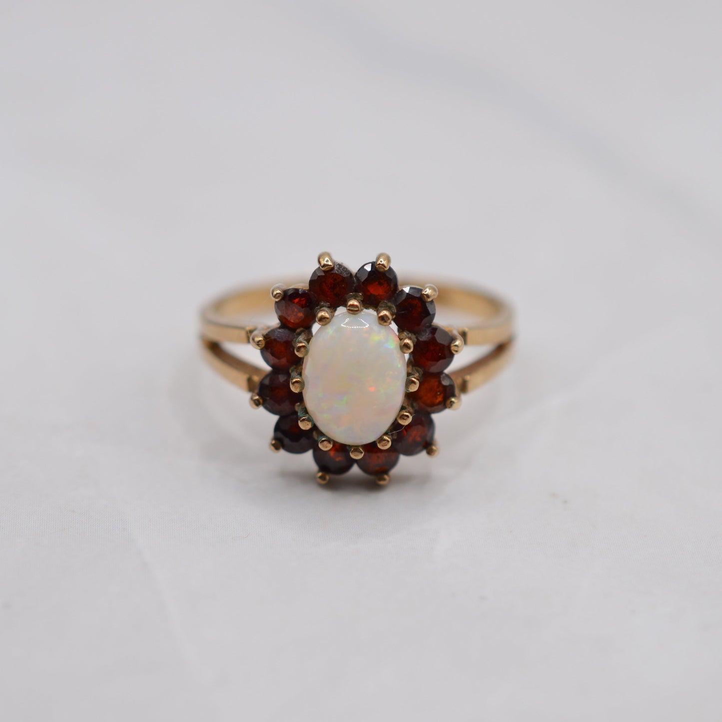 1970s Vintage 9ct Gold Opal & Garnet Cluster Ring