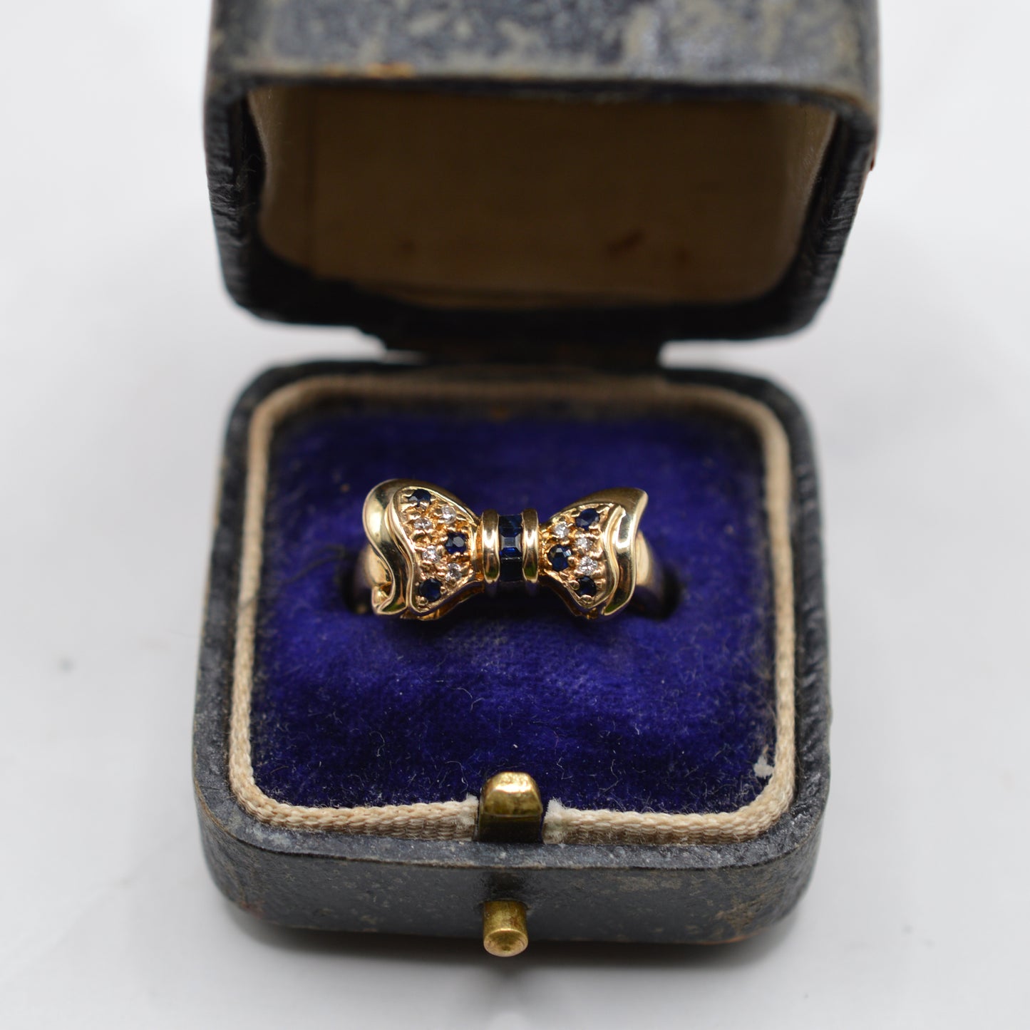 1990s Vintage 9ct Gold Sapphire & Diamond Bow Ring