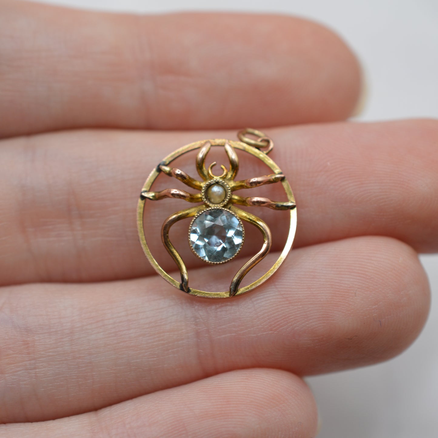 Antique Victorian 9ct Gold Aquamarine & Pearl Spider Pendant