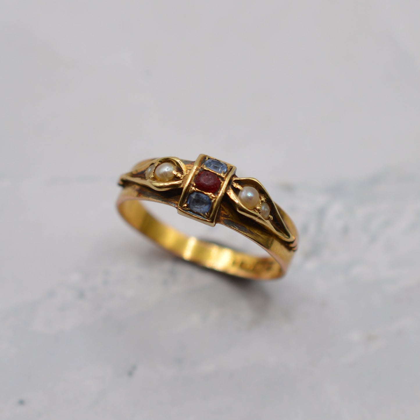 1876 Antique Victorian 15ct Sapphire, Garnet & Pearl Ring