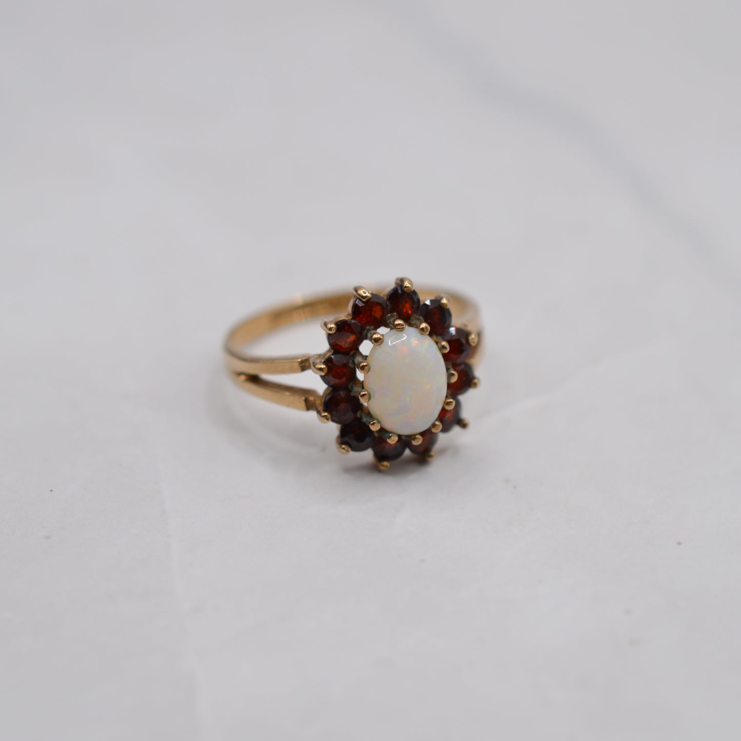 1970s Vintage 9ct Gold Opal & Garnet Cluster Ring