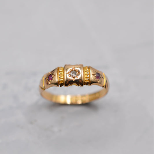 Antique 1894 Victorian 15ct Gold Ruby & Diamond Trilogy Ring