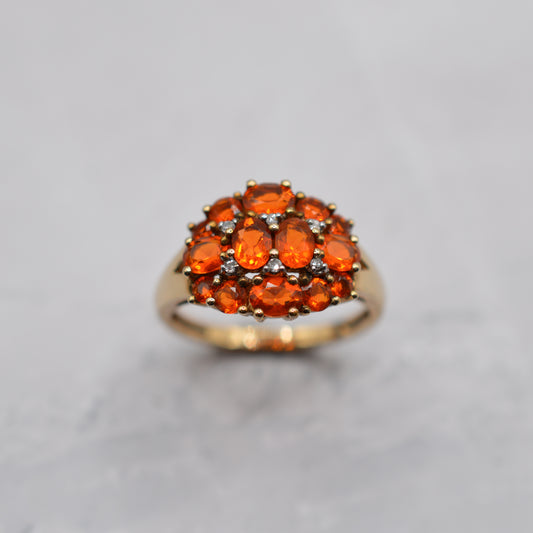 Chunky 9ct Gold Spessartine Garnet & Diamond Cluster Ring