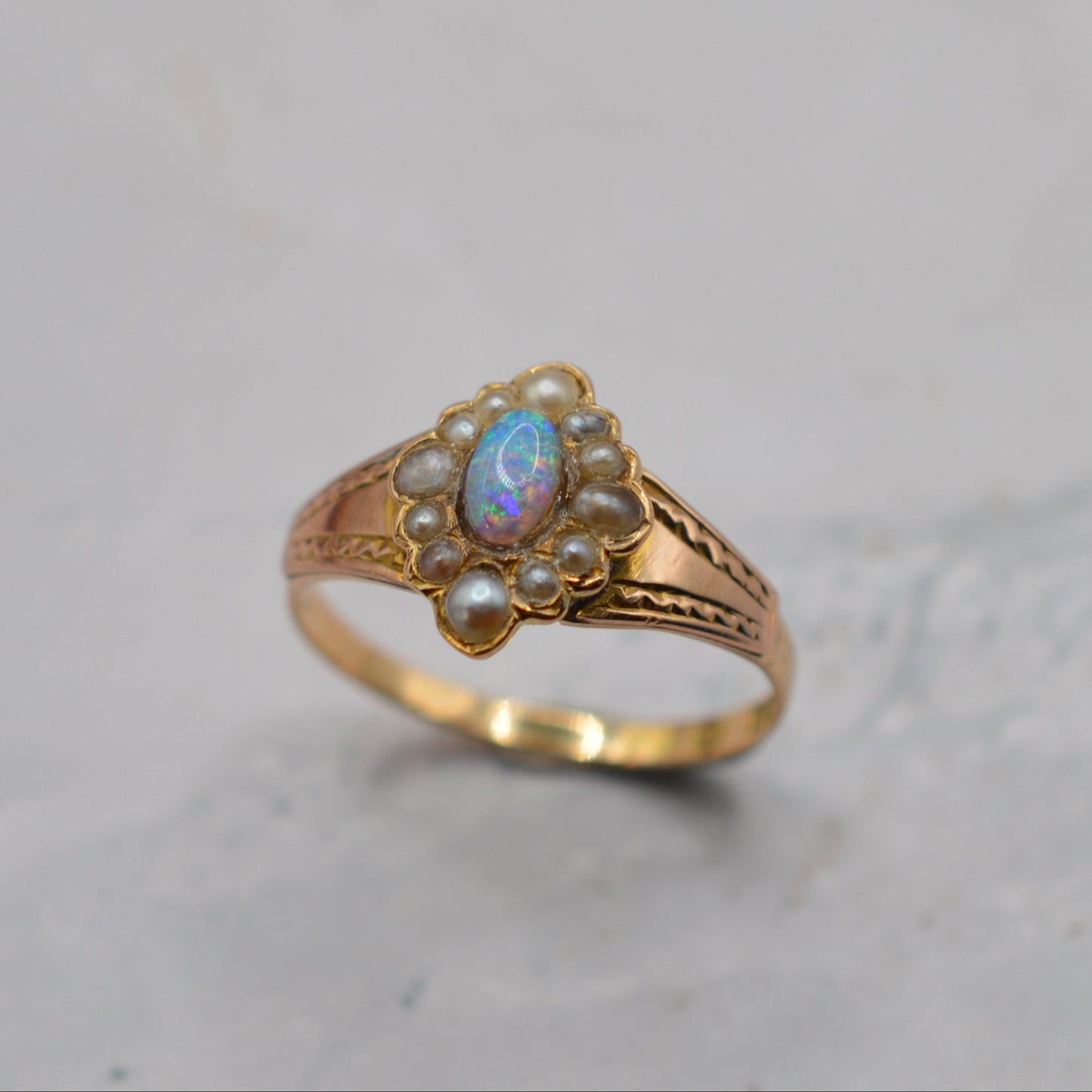 Antique Victorian 15ct Gold Opal & Pearl Cluster Ring