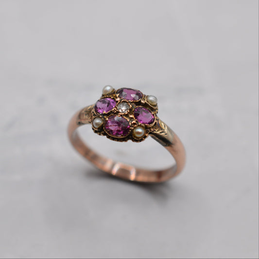 Antique Garnet, Pearl & Diamond Floral Cluster Ring