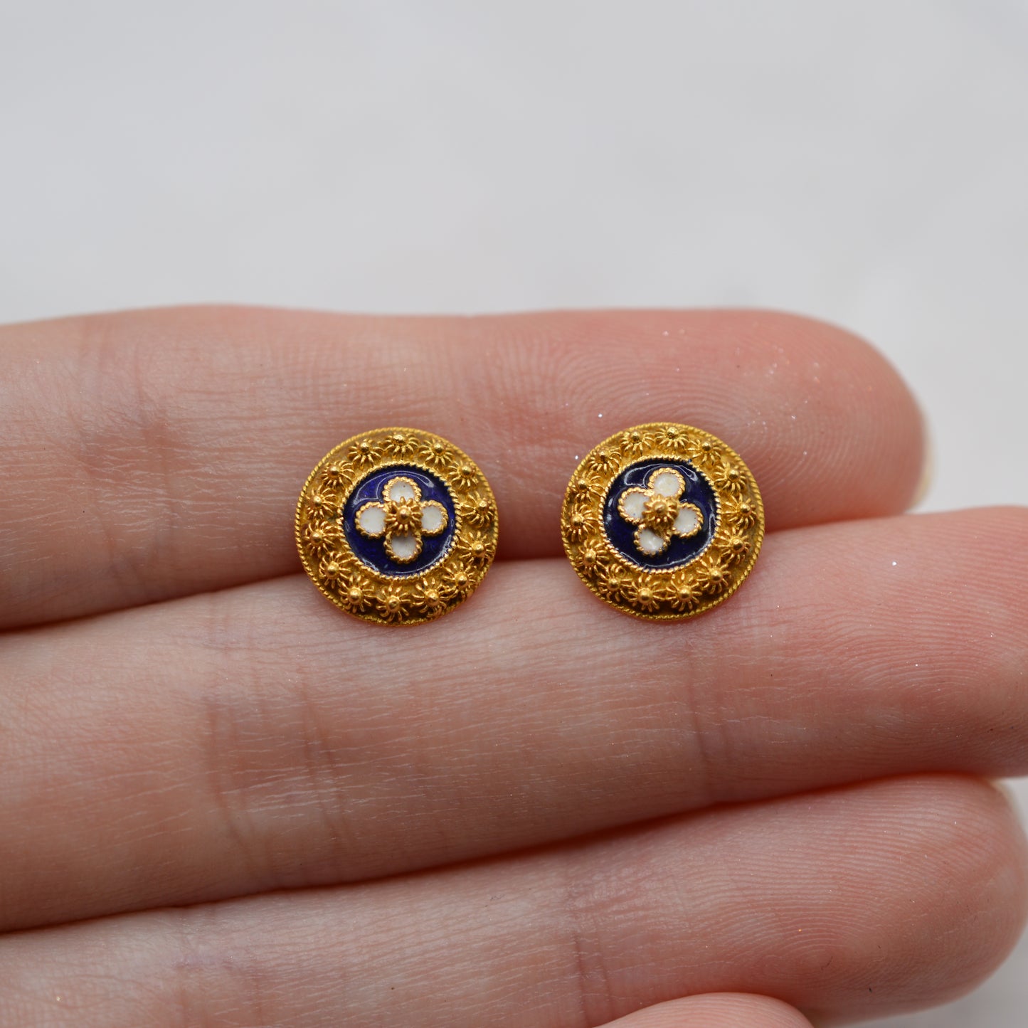 Vintage Portugese 19ct Gold  Enamel Floral Stud Earrings