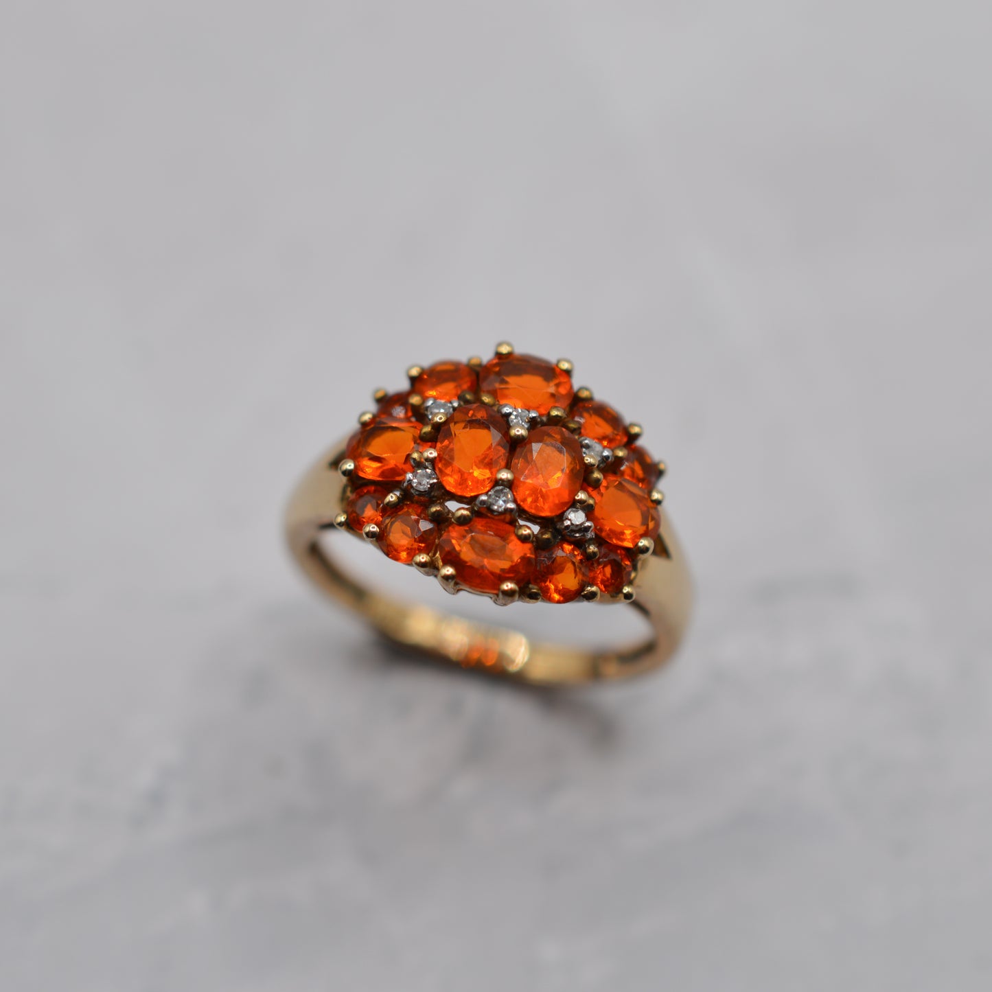 Chunky 9ct Gold Spessartine Garnet & Diamond Cluster Ring