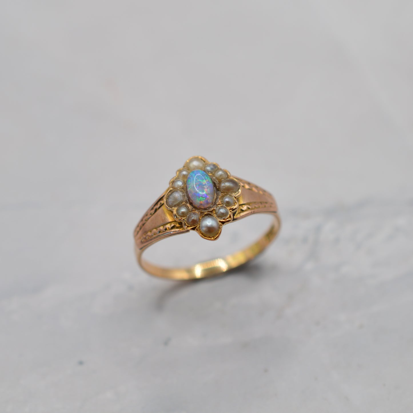 Antique Victorian 15ct Gold Opal & Pearl Cluster Ring