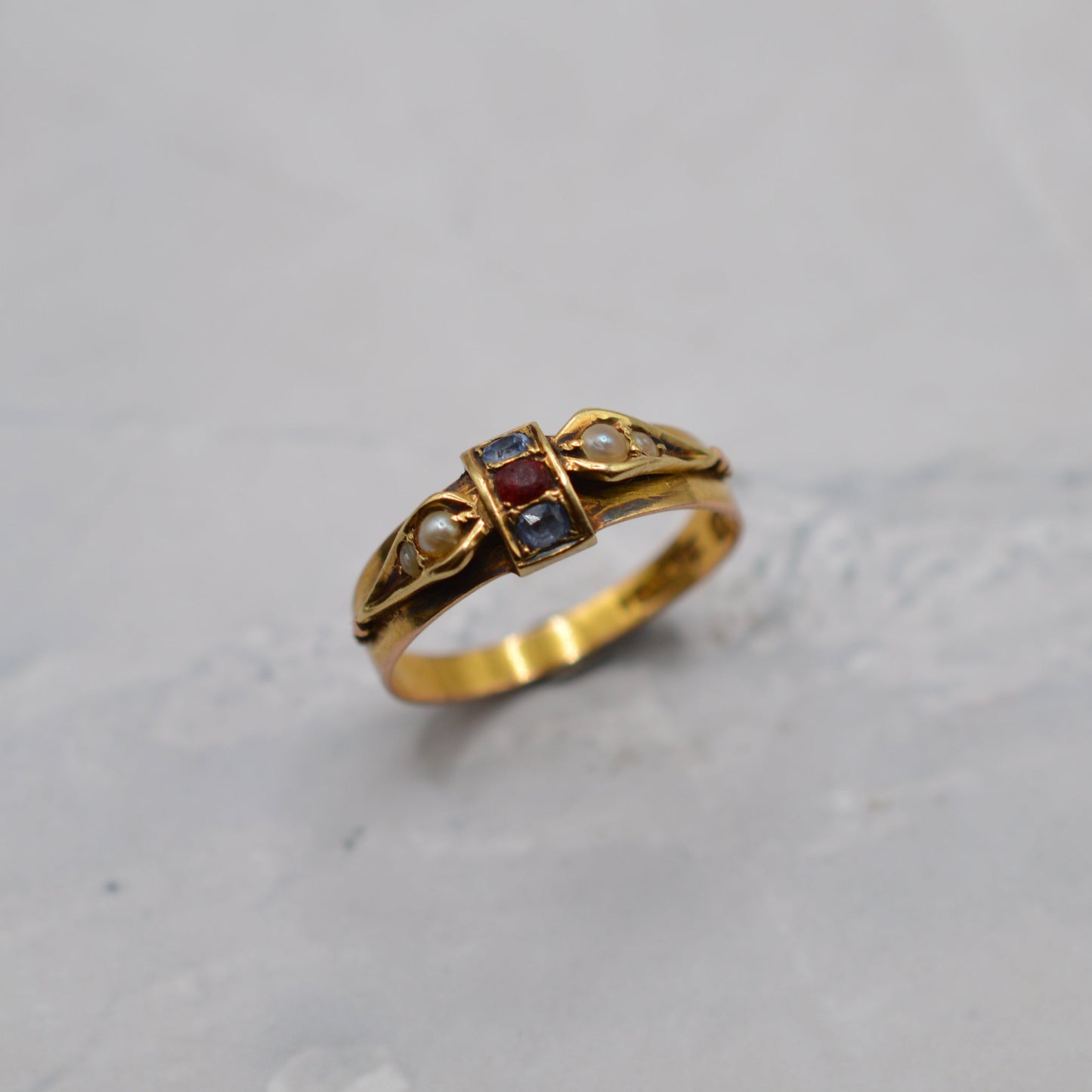 1876 Antique Victorian 15ct Sapphire, Garnet & Pearl Ring