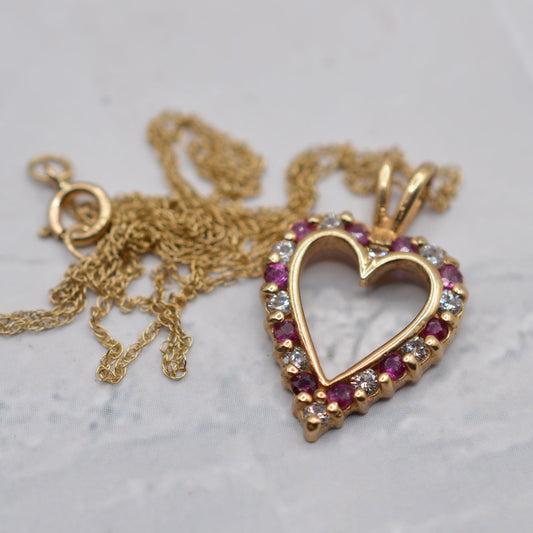 1990s 9ct Gold Ruby & CZ Heart Pendant Necklace