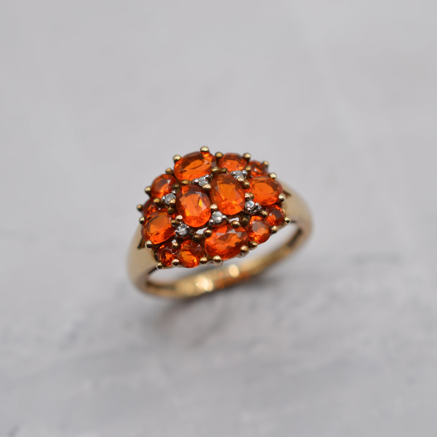 Chunky 9ct Gold Spessartine Garnet & Diamond Cluster Ring