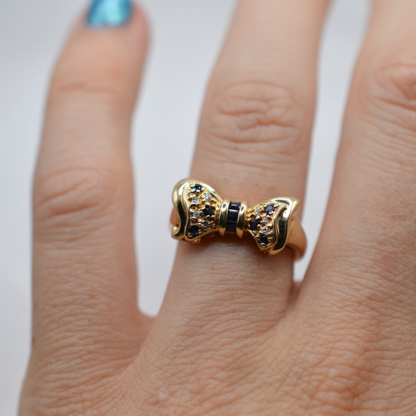 1990s Vintage 9ct Gold Sapphire & Diamond Bow Ring