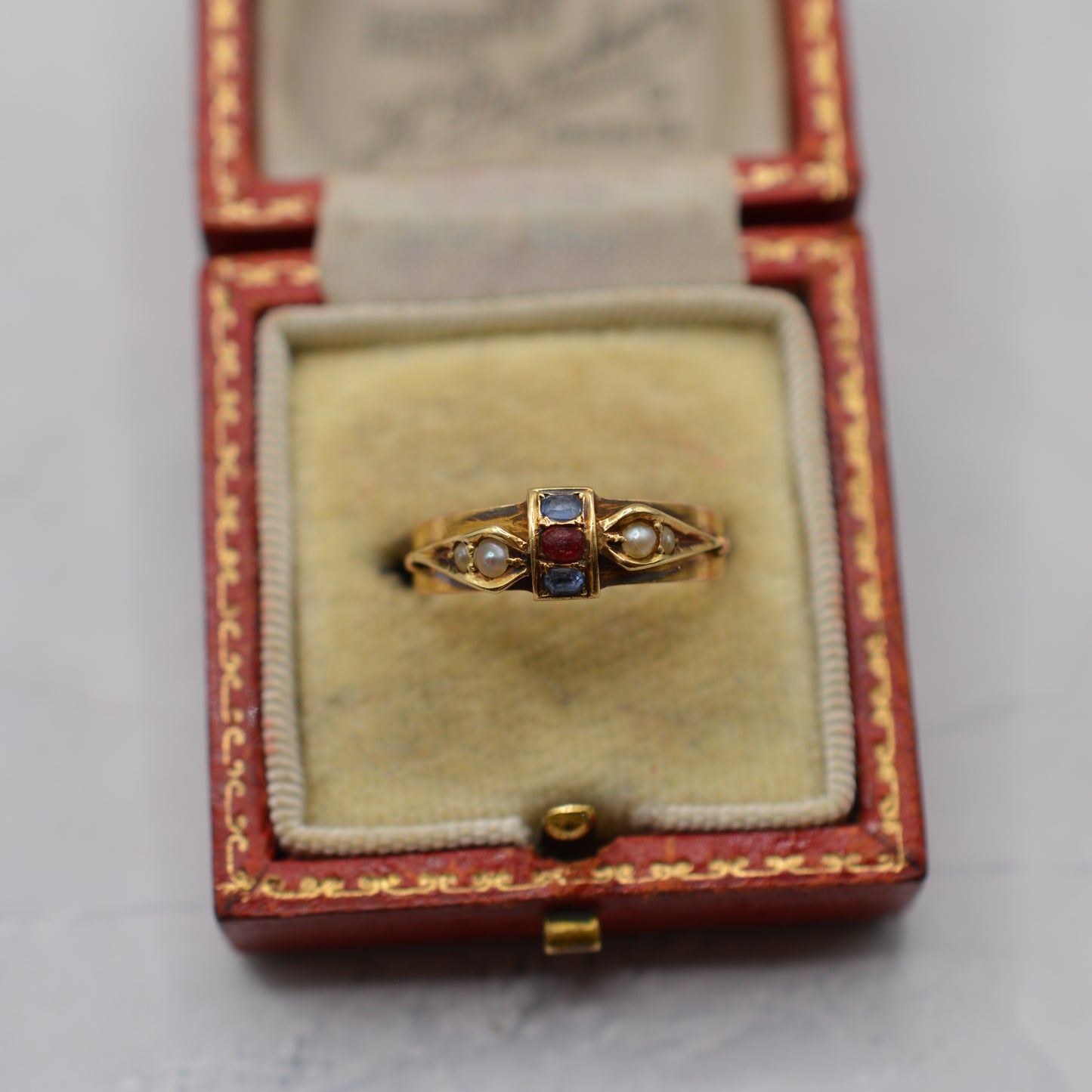 1876 Antique Victorian 15ct Sapphire, Garnet & Pearl Ring