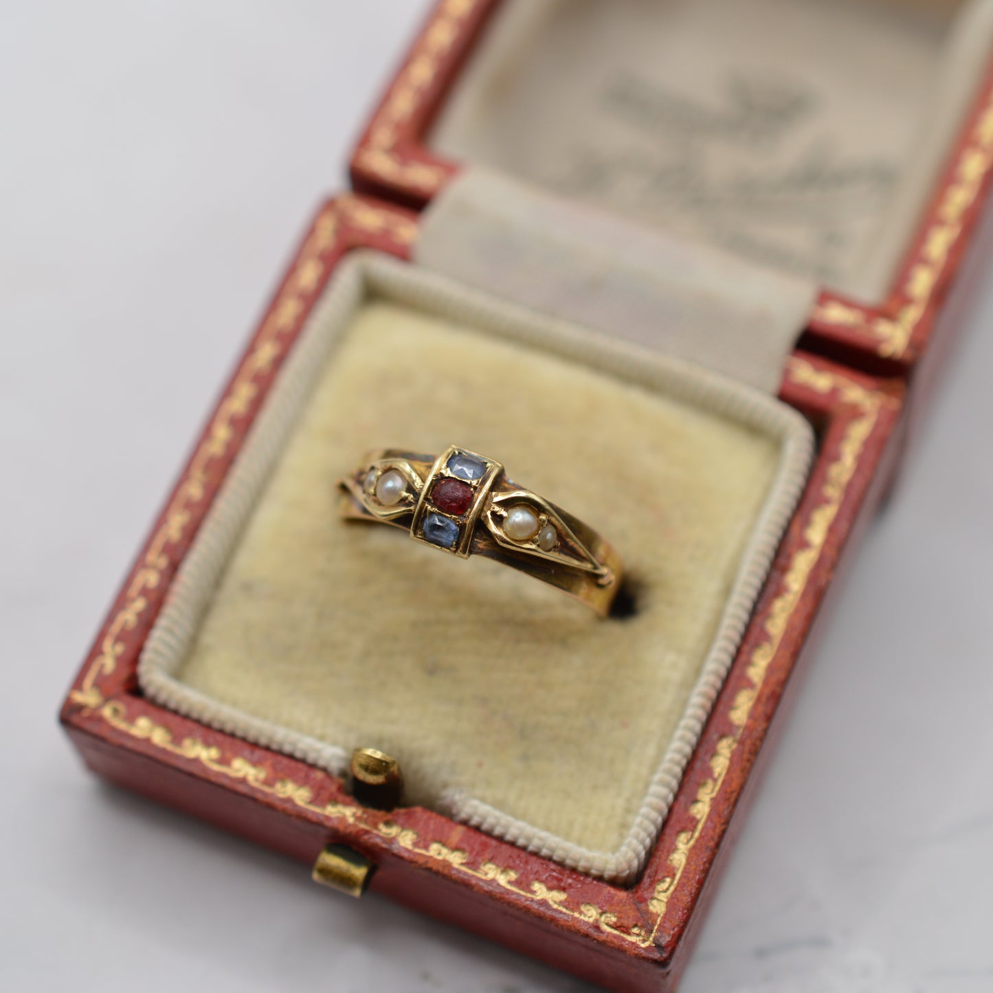 1876 Antique Victorian 15ct Sapphire, Garnet & Pearl Ring