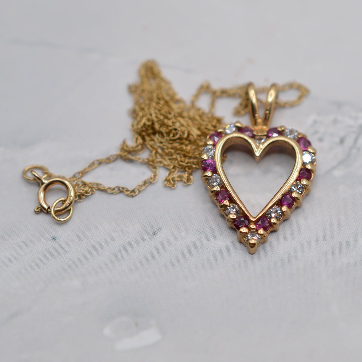 1990s 9ct Gold Ruby & CZ Heart Pendant Necklace