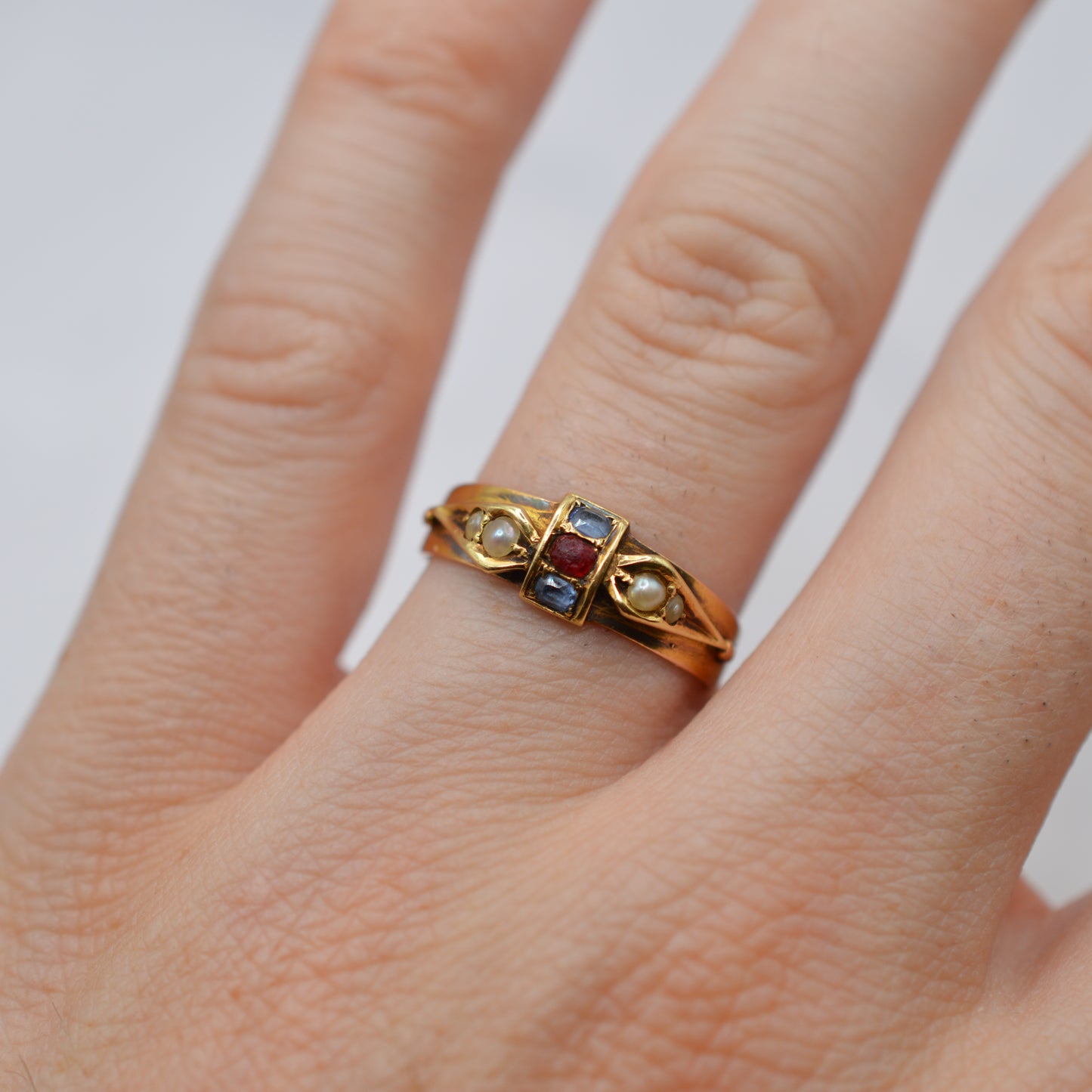1876 Antique Victorian 15ct Sapphire, Garnet & Pearl Ring
