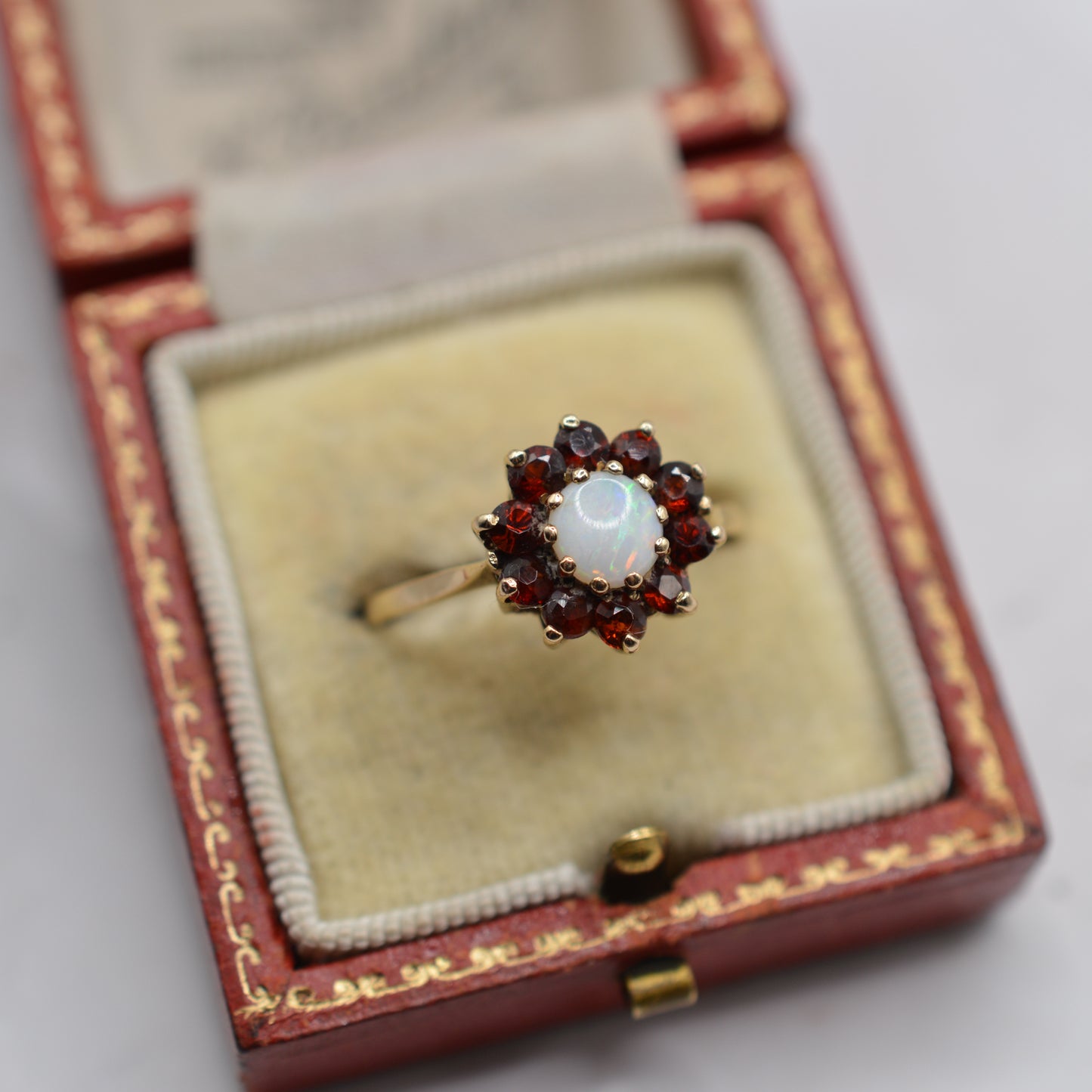 1980s 9ct Gold Opal & Garnet Cluster Ring