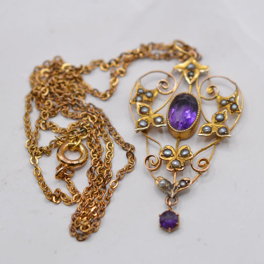 Edwardian Art Nouveau 9ct Gold Amethyst & Seed Pearl Pendant Necklace (18" Chain)