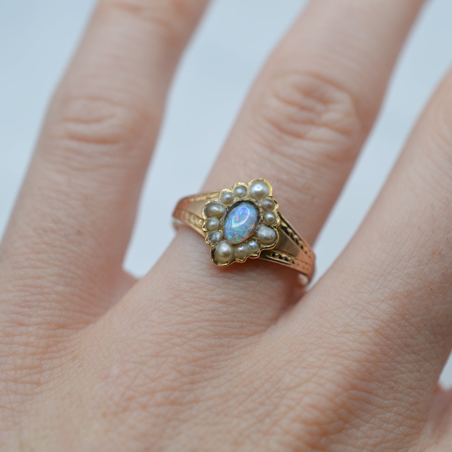 Antique Victorian 15ct Gold Opal & Pearl Cluster Ring