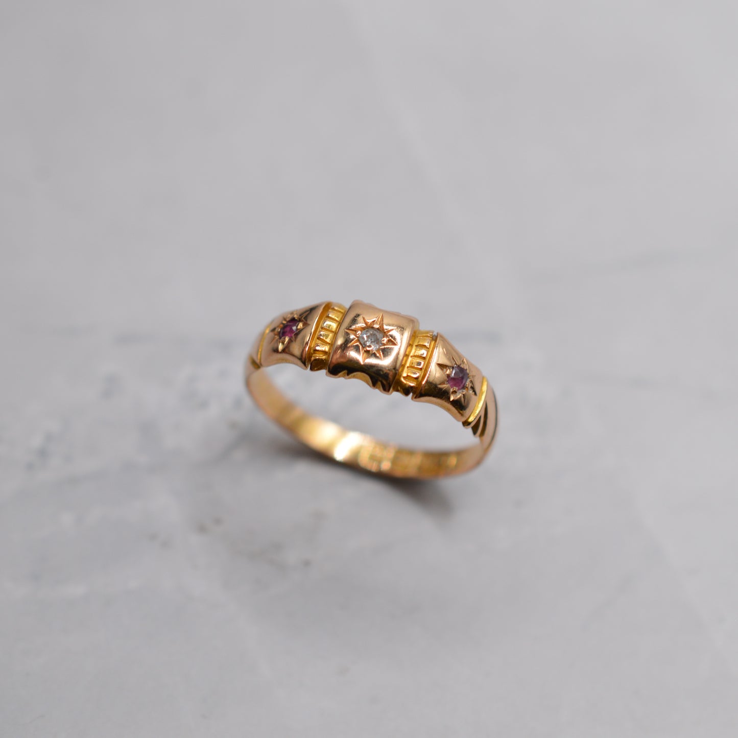 Antique 1894 Victorian 15ct Gold Ruby & Diamond Trilogy Ring