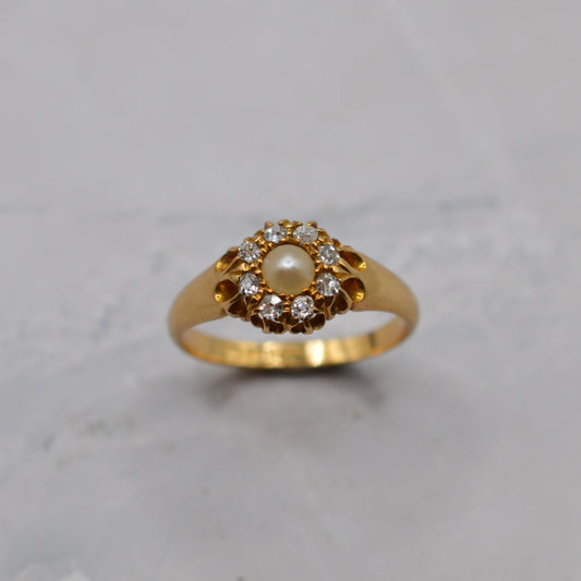 Antique Victorian 18ct Gold Pearl & Diamond Cluster Ring