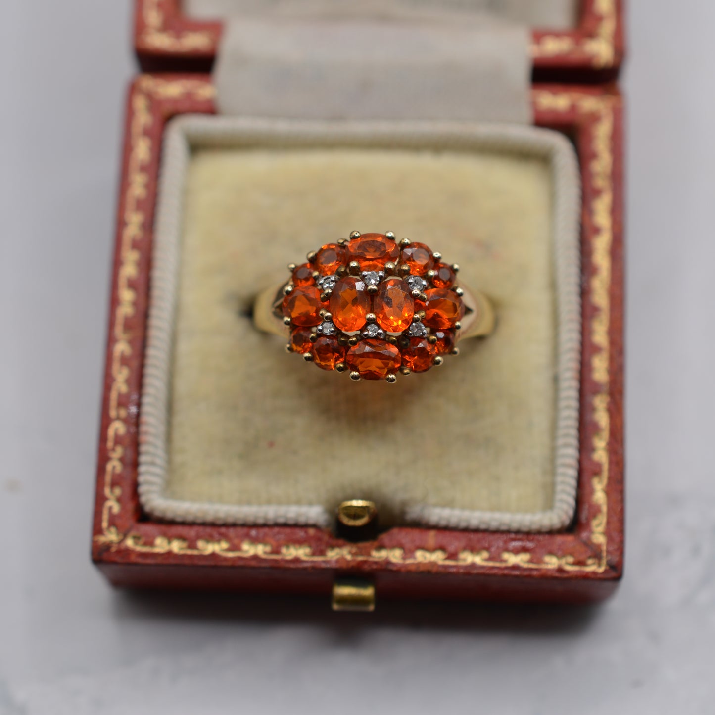 Chunky 9ct Gold Spessartine Garnet & Diamond Cluster Ring