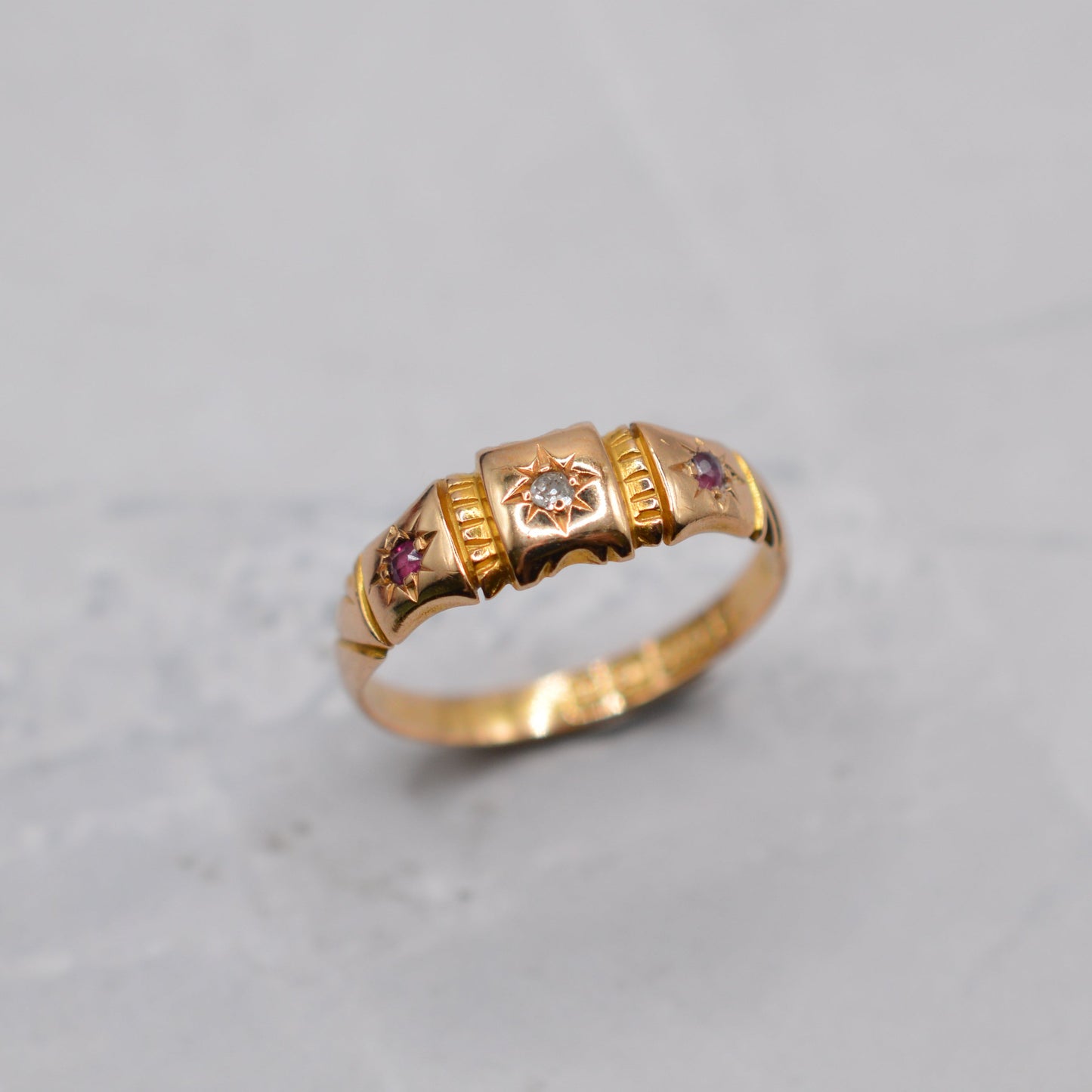 Antique 1894 Victorian 15ct Gold Ruby & Diamond Trilogy Ring