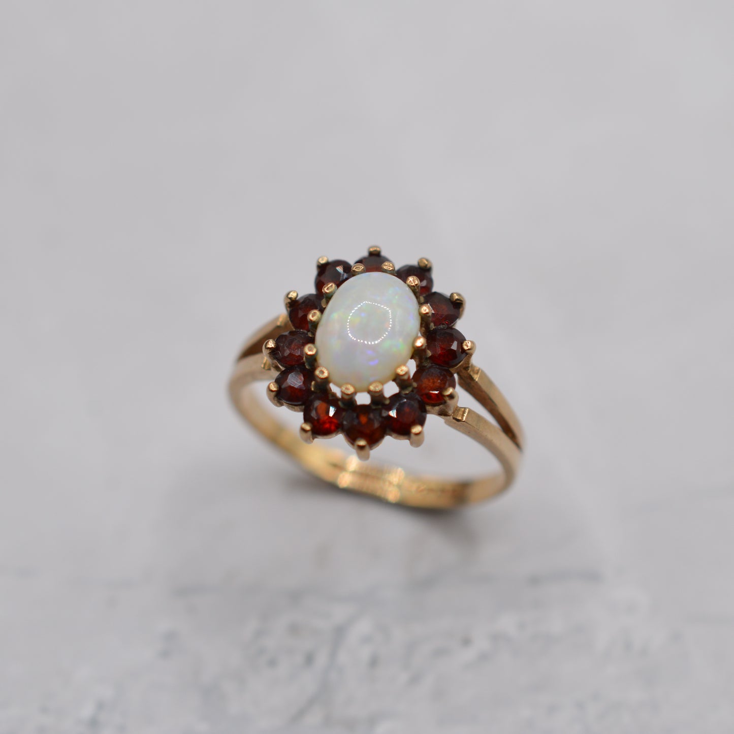 1970s Vintage 9ct Gold Opal & Garnet Cluster Ring