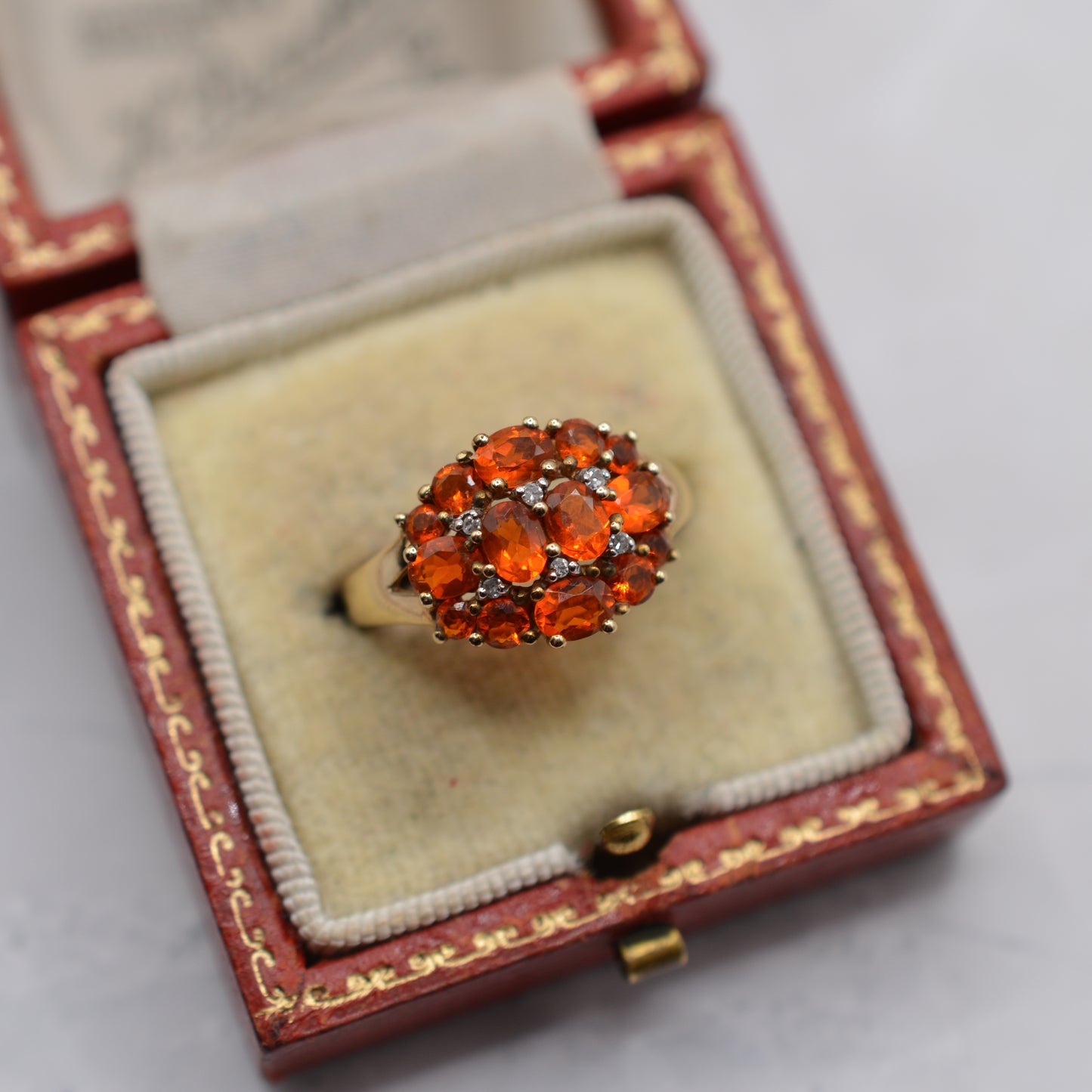 Chunky 9ct Gold Spessartine Garnet & Diamond Cluster Ring