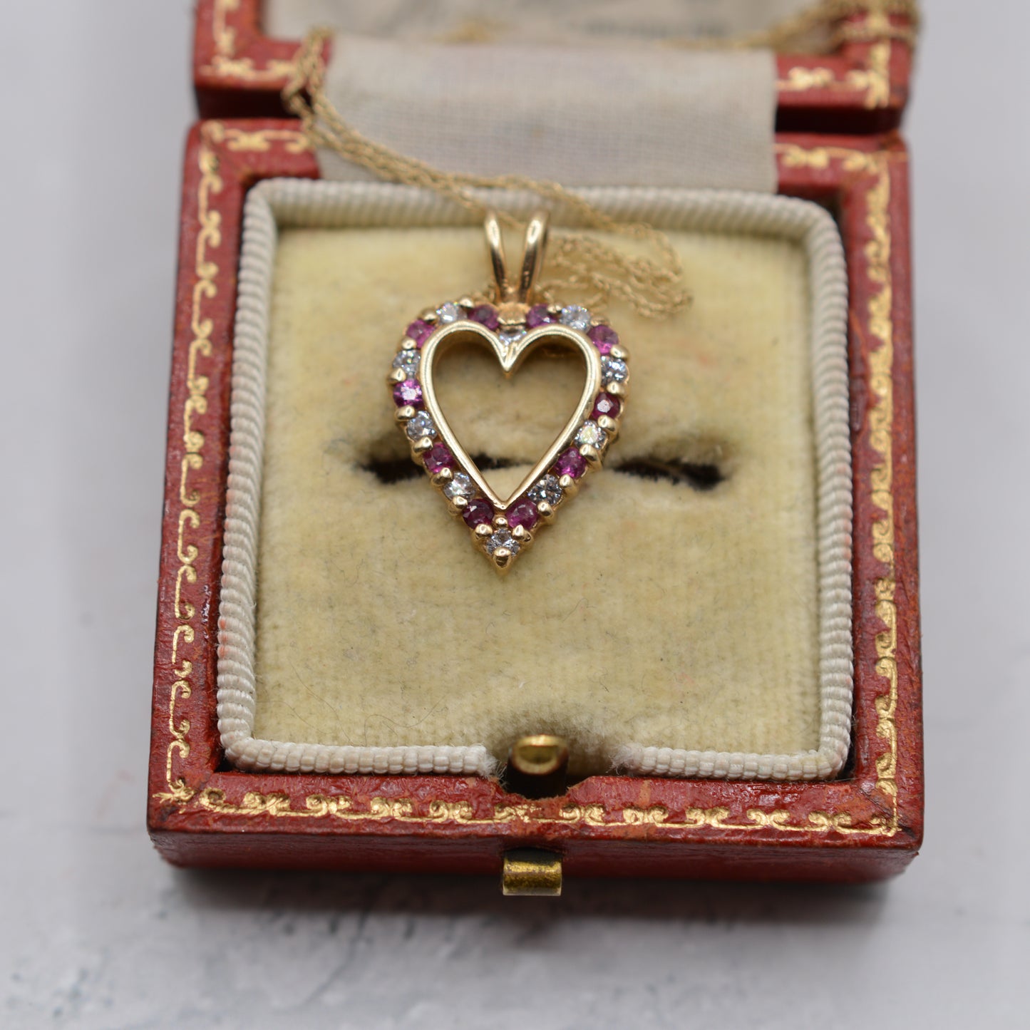 1990s 9ct Gold Ruby & CZ Heart Pendant Necklace