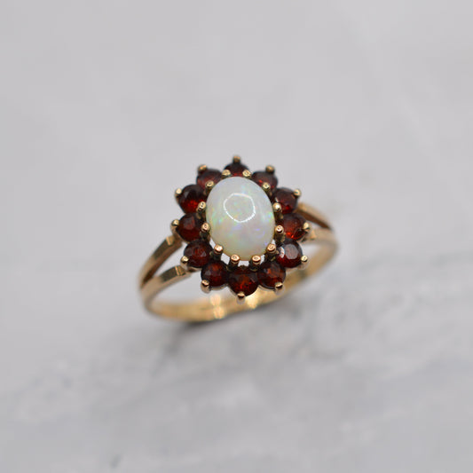 1970s Vintage 9ct Gold Opal & Garnet Cluster Ring