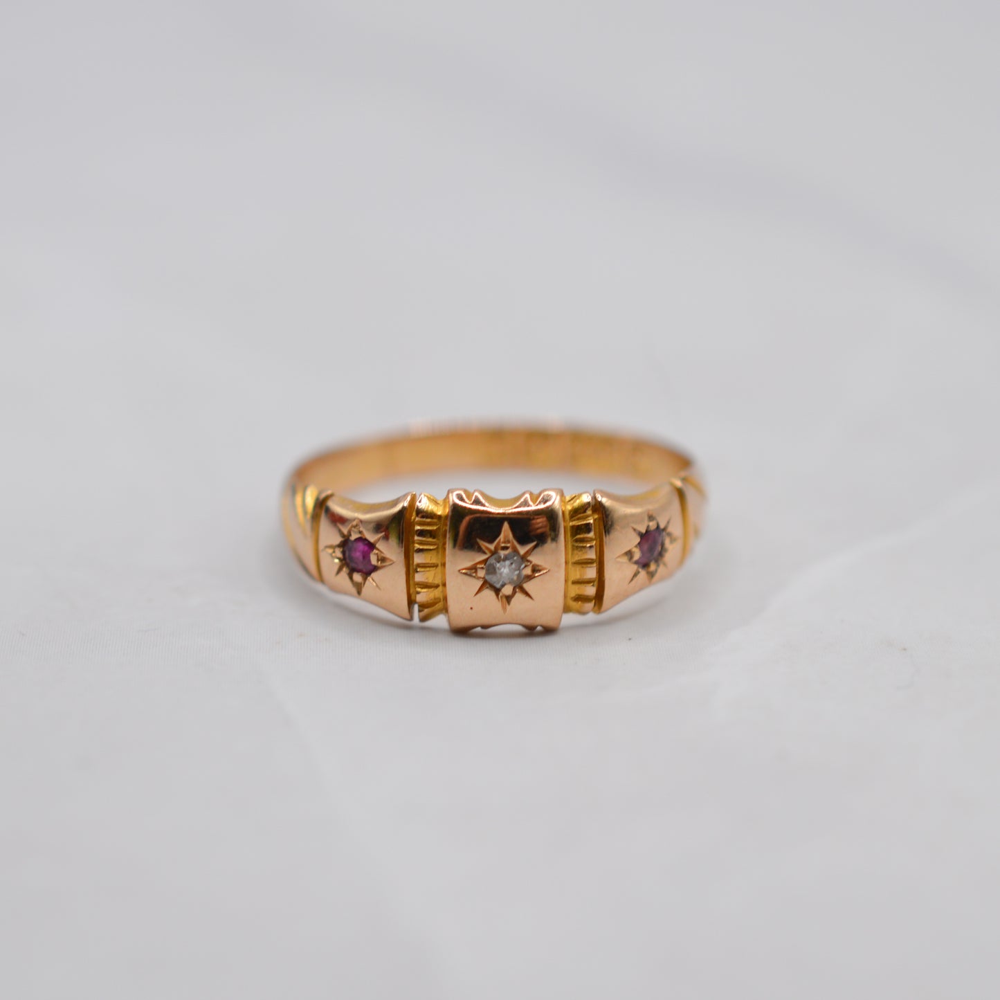 Antique 1894 Victorian 15ct Gold Ruby & Diamond Trilogy Ring