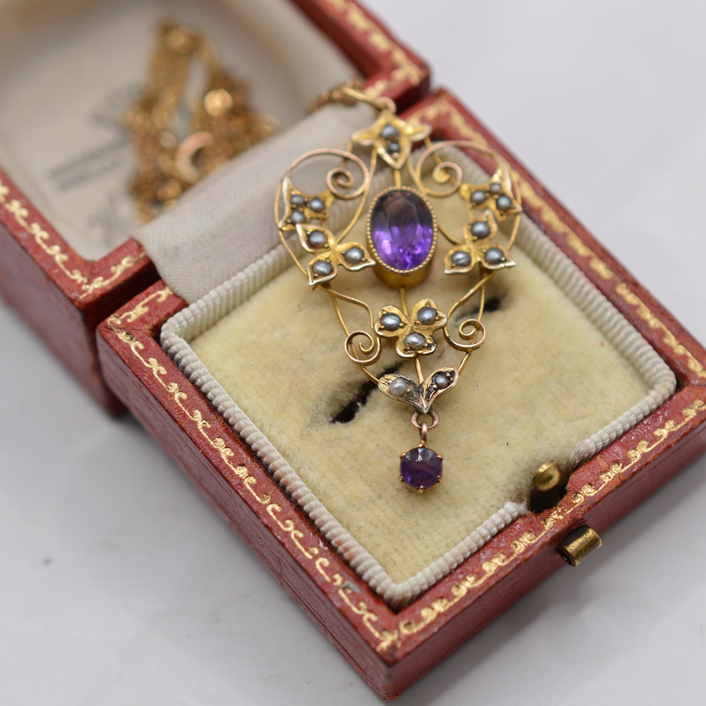 Edwardian Art Nouveau 9ct Gold Amethyst & Seed Pearl Pendant Necklace (18" Chain)