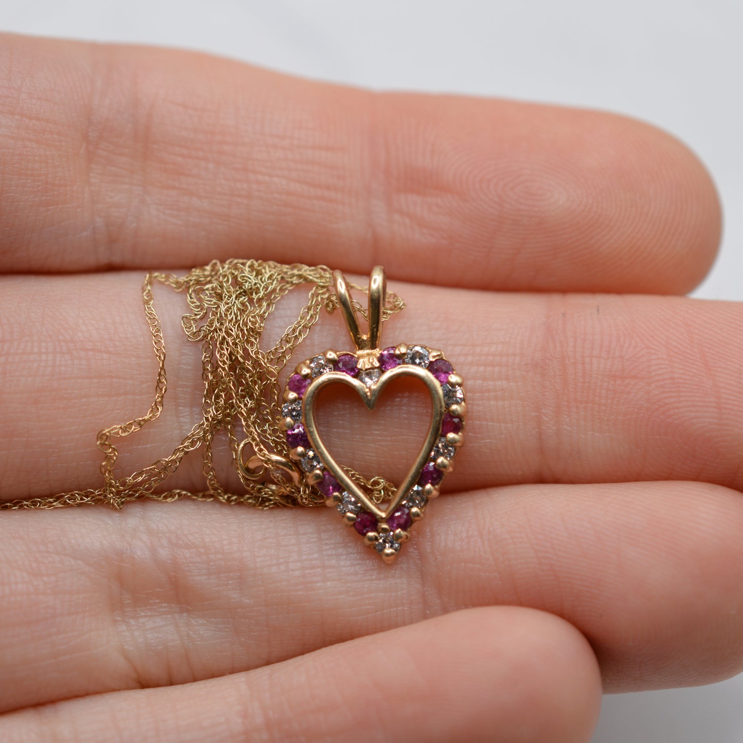 1990s 9ct Gold Ruby & CZ Heart Pendant Necklace