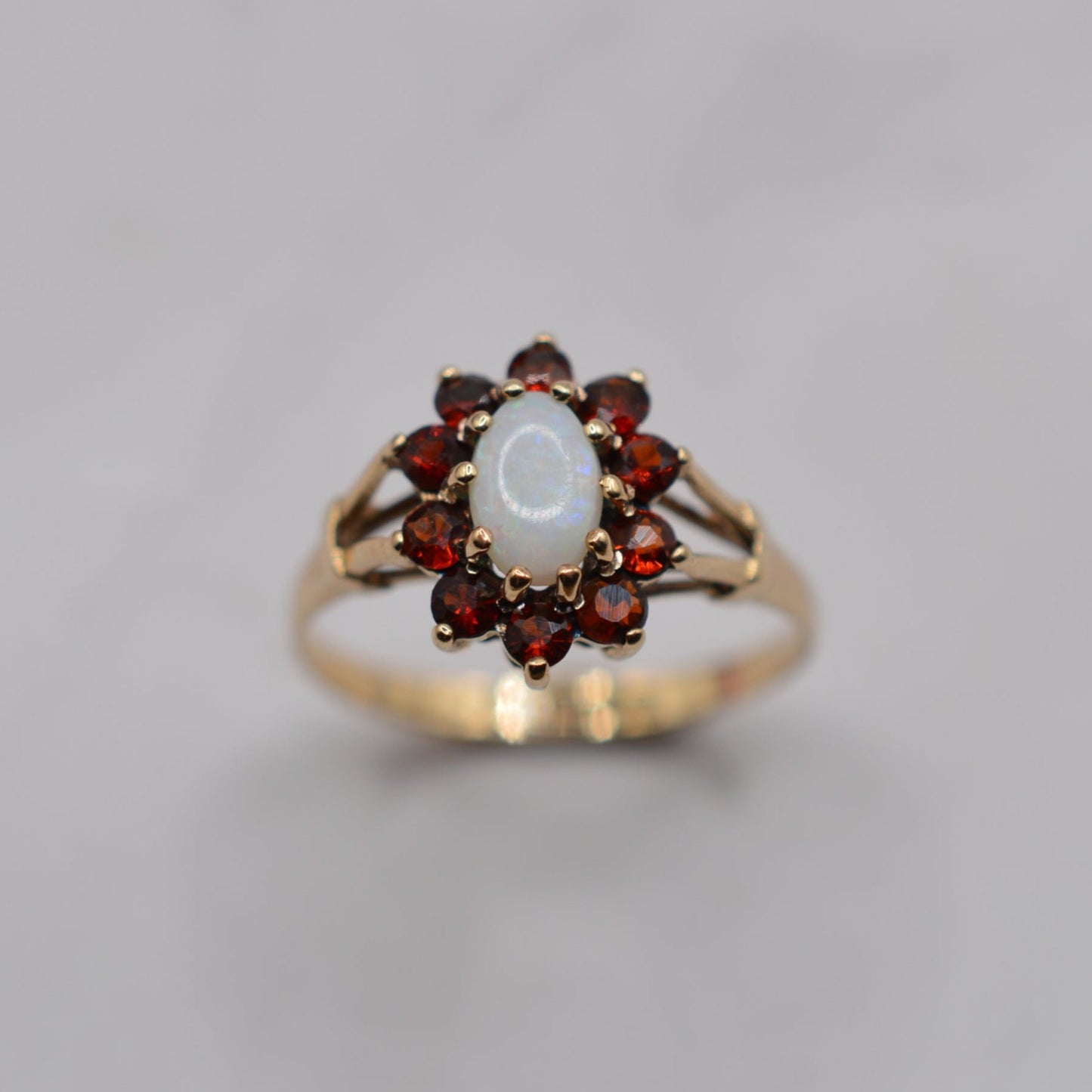 1980s Vintage 9ct Gold Opal & Garnet Cluster Ring