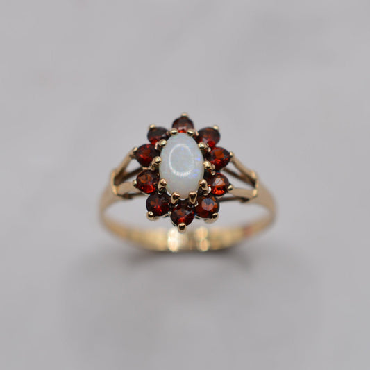 1980s Vintage 9ct Gold Opal & Garnet Cluster Ring